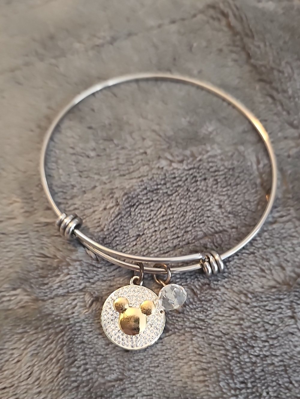 Disney Silver-Tone Charm Bangle Bracelet with Gold Accent Mickey Medallion